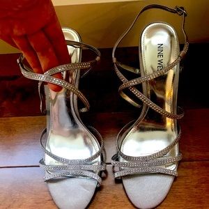 New Nine West silver sparkle heel sandals.